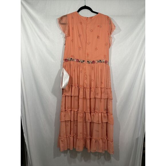 NWT Mac Duggal [ 12 ] Floral Print Ruffle Tiered Faux Wrap Dress Apricot G1693‎ - Picture 12 of 15